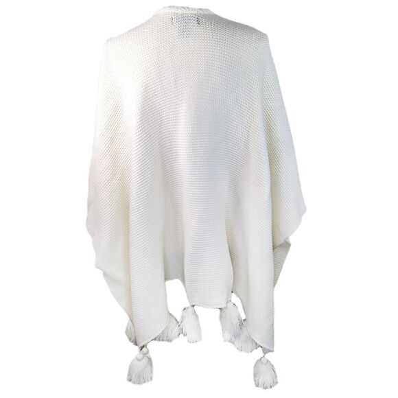 Cynthia Rowley Ivory Knit Poncho Wrap Shawl Fringe Tassels Pom Poms Womens OS - Picture 3 of 8